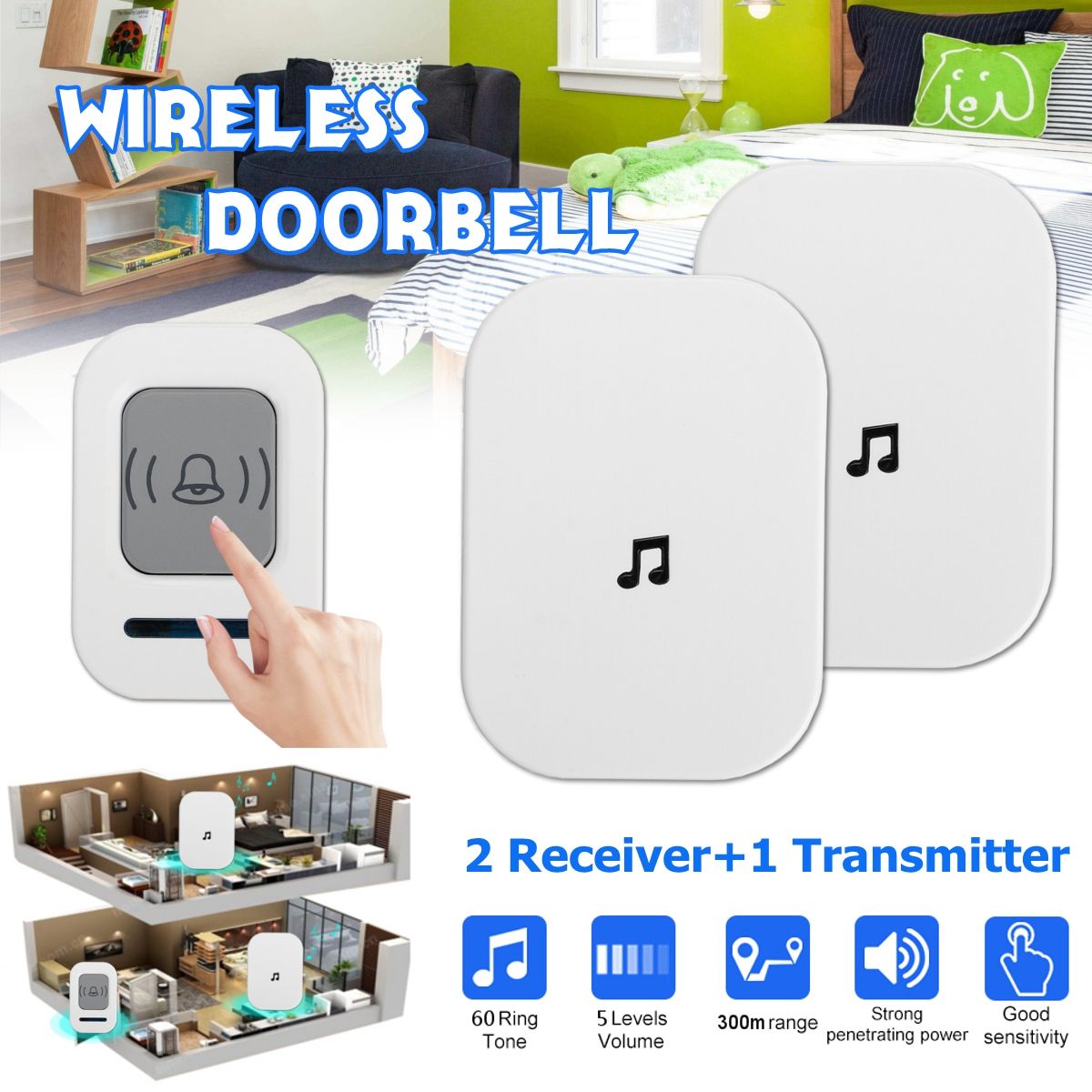300M-Wireless-Doorbell-60-Song-Chime-5-Volume-Level-Door-Bell-12-Receiver-SOS-1519501