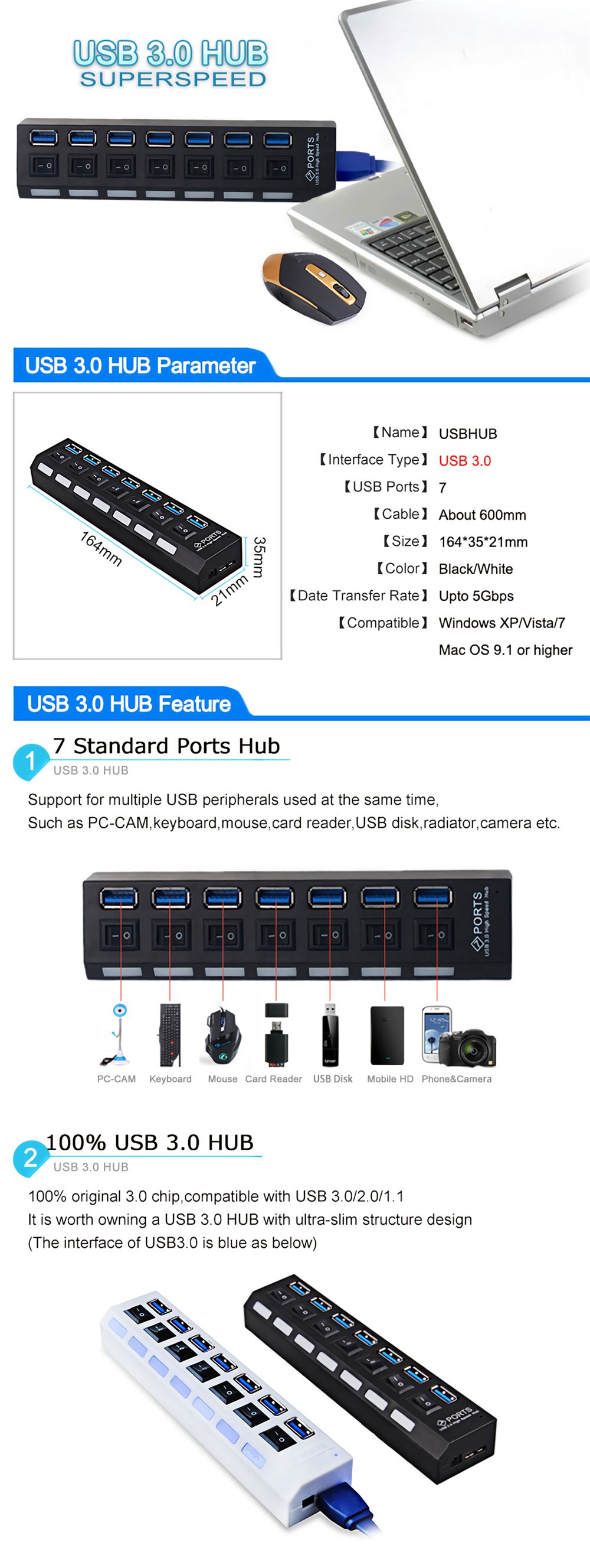 Relink-RL-U3H7-N1-USB-Hub-USB-30-Splitter-Multi-USB-3-20-Hub-Multiple-7-Ports-Hub-with-Power-Adapter-1662430