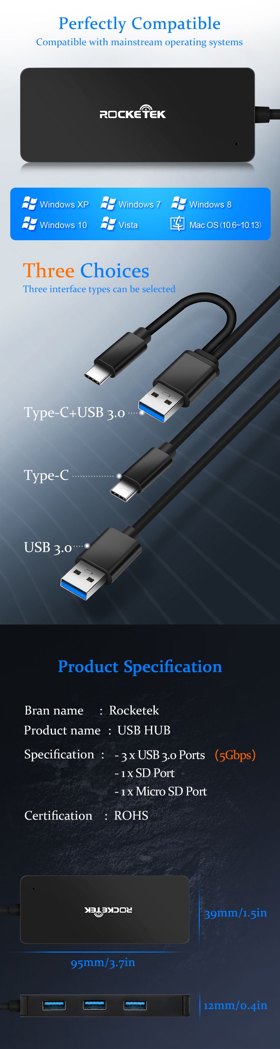 Rocketek-Multi-Interface-Hub-HUB-U-HUB-C-HUB-UC-USB-30-Type-C-Hub-4-Ports-Adapter-Splitter-Power-Int-1621340